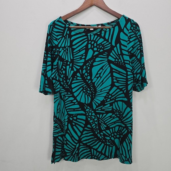CHICO'S Travelers Top L Green Black Abstract Crewneck Pullover Stretch Slinky - Picture 1 of 10